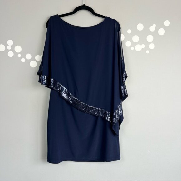 Xscape Navy Sequin Capelet Dress Size 12 Chiffon Asymmetrical Formal Cocktail - Picture 1 of 7